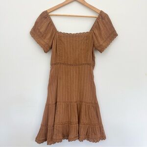 American Eagle Peasant Brown Lace-Trimmed Dress W Frilly Sleeves Sz Sm Bohemian